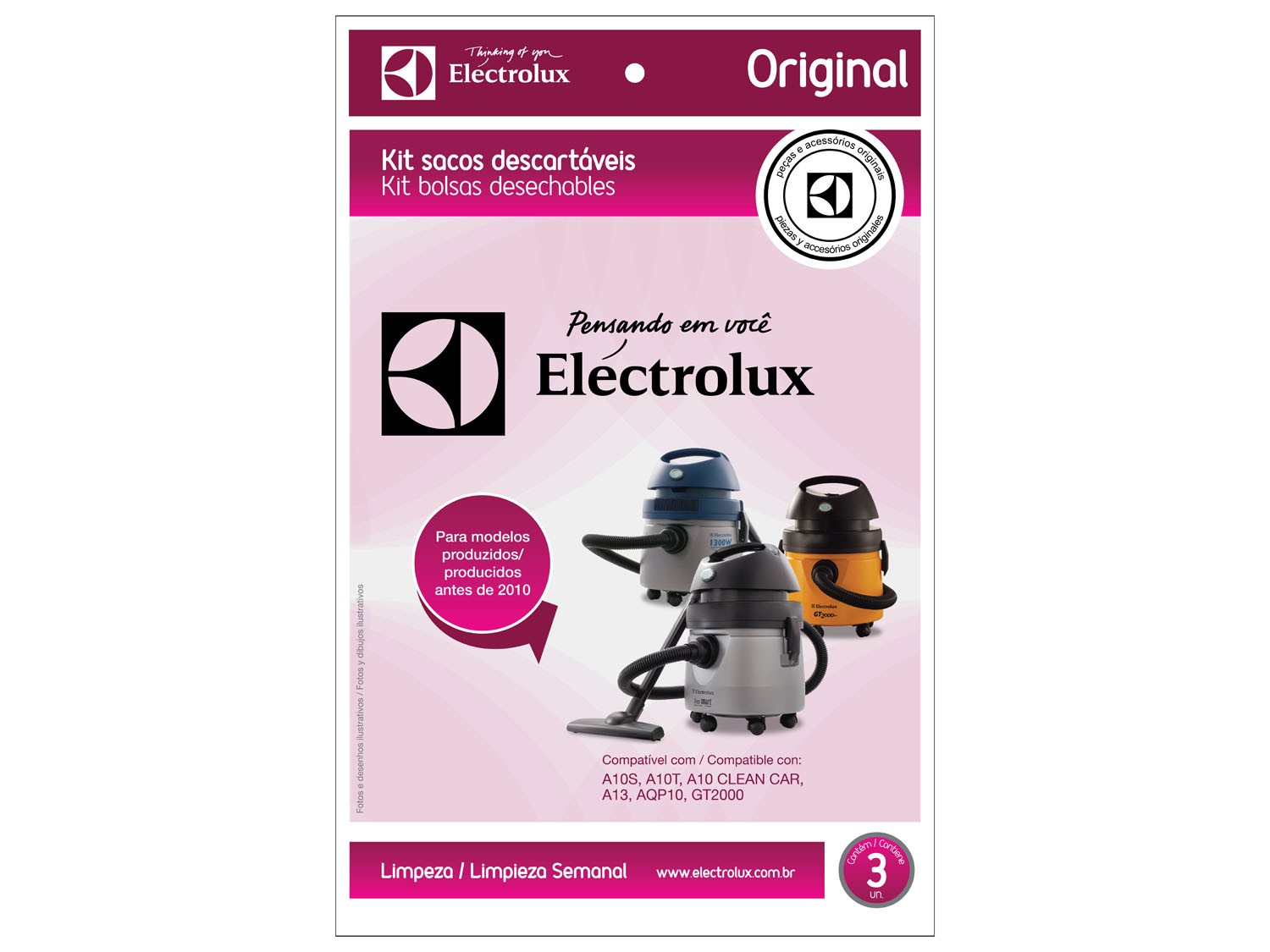 Kit c/ 3 Sacos Descartáveis p/ Aspiradores de Pó Modelos: A20, A20L, A20S e GT3000 Electrolux.